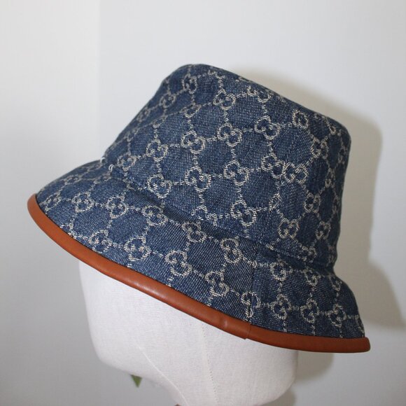 NWT GUCCI GG Blue Denim Brown Leather Trim Bucket Hat M 58 cm 576371 UNISEX main image 8